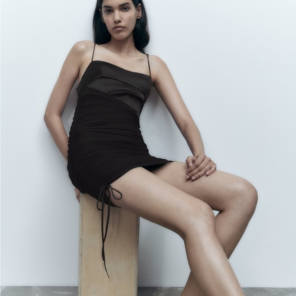 Satin Effect Ruched Corset Little Black Dress Mini Party Night Out - Picture 3 of 9